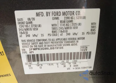 2020 Ford Edge Se from USA, damaged, VIN 2FMPK3G98LBB19105
